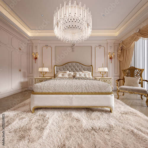 3D Render of Luxury Neo-Classical Hotel Room, Bedroom