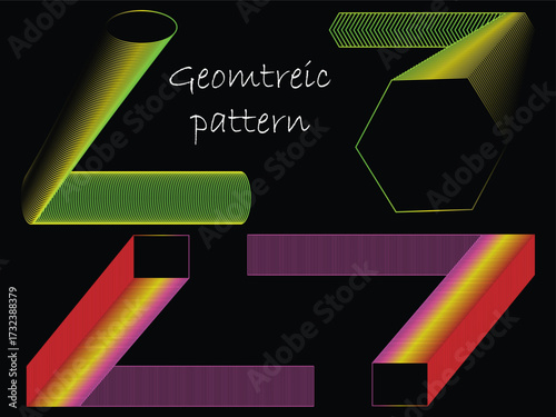 Abstract geometric shapes in vibrant colors against a stark black background art