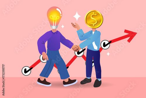 Investment and business partnership concept. An idea character with a lightbulb head shakes hands with a money character, representing startup funding, a successful deal, and financial growth.