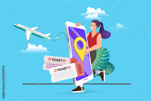 Online flight booking and travel app concept. A happy woman uses her smartphone to book an airline ticket and make a reservation for her summer vacation, with a plane flying to the destination.