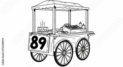 Vintage street food cart with steaming food, fresh ingredients, and condiments ready to serve hungry customers