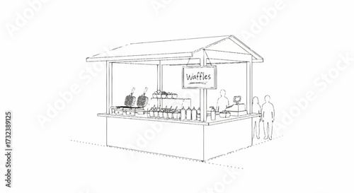 Vibrant street food stall cheerfully serving delicious waffles to happy customers, creating a lively market atmosphere and sweet treat experience.