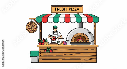 Authentic pizza stall with wood fired oven and chef preparing delicious slices, capturing the essence of street food culture and culinary delight