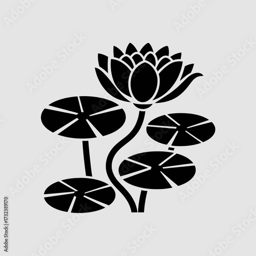 Elegant black and white vector illustration of a lotus flower with lily pads silhouette white background