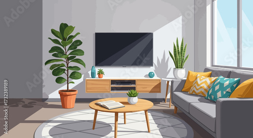 Cozy Living Room with Modern Furniture and Plants.