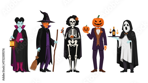 Halloween Gathering: A spectral assembly of iconic Halloween figures, each with their unique persona and costume, in a festive scene, evoking the eerie charm and excitement of the spooky season.