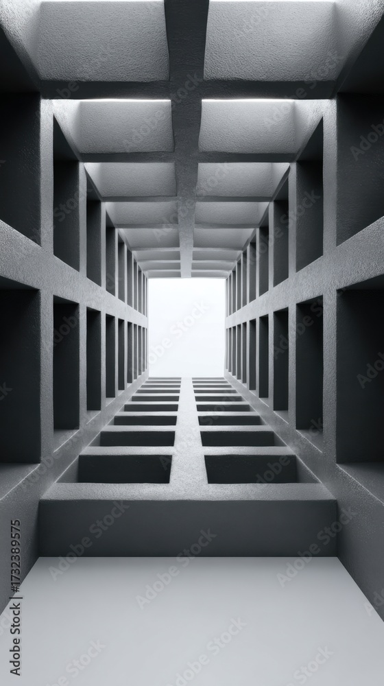 Obraz premium View of a modern architectural corridor with gray walls and light at the end, creating a sense of depth and space in an urban setting during the day