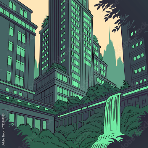 Green Futuristic City with Neon Lights and Waterfalls