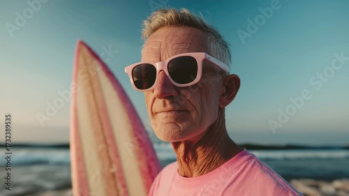 Older Man with Pink Glasses and Surfboard at Beach in Retro Style
