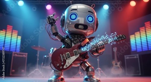 Robot Musician Playing Electric Guitar on Stage.