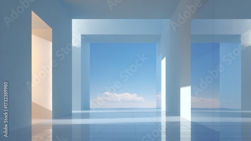 Wallpaper Mural Minimalist Open Architecture with Ocean View and Soft Shadows under Clear Sky. AI generative Torontodigital.ca