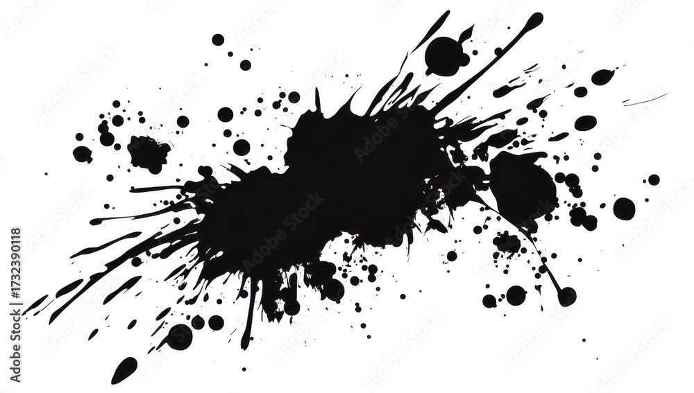 Fototapeta premium Abstract black ink splatter with dynamic drips and splashes on a white background. evoking creativity and artistic expression. suitable for use in design projects or backgrounds