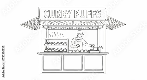 Friendly vendor serves delicious curry puffs at a bustling street food stall, capturing the vibrant essence of local cuisine and culinary passion.