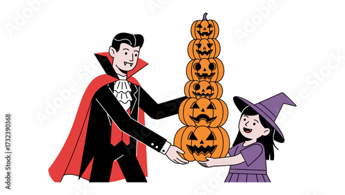 Vampire and Witch with Pumpkin Stack: A classic vampire in a cape and a young witch wearing a pointy hat stand together, proudly presenting a tall stack of carved jack-o'-lanterns.