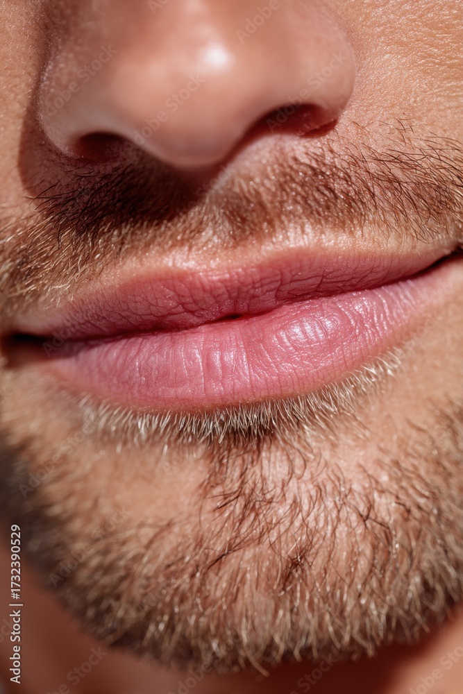 Fototapeta premium Close-up of a man's lower face featuring a trimmed beard, nose, and lips basking in warm sunlight