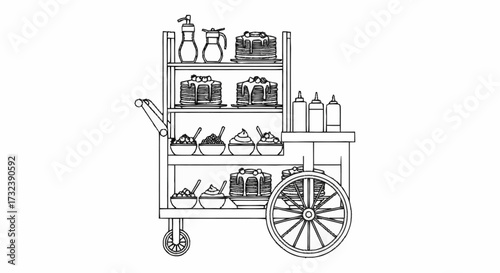 Delightful pancake cart brimming with fresh berries, creamy toppings, and sweet syrup, ready to serve delicious breakfast treats.