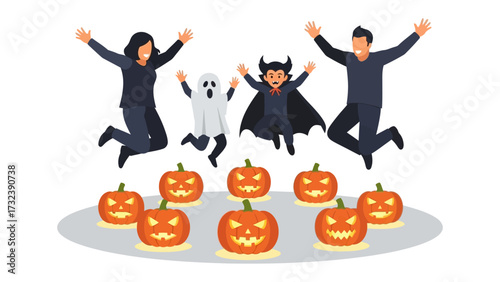 Spirited Halloween Celebration: A family joyfully leaps in costumes, celebrating Halloween near grinning pumpkins, the festive spirit of autumn.
