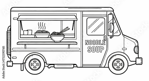 Vibrant noodle soup food truck serving delicious steaming bowls with chopsticks and cups for quick, satisfying meals on the go
