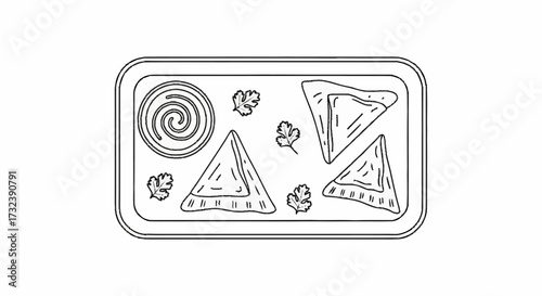 Delightful triangular samosas and spiral snack arranged on a platter with fresh herbs, perfect for culinary inspiration and food blogs.