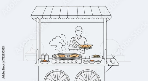 Skilled street vendor expertly prepares delicious savory crepes on a busy cart, serving customers with fresh ingredients and aromatic steam rising
