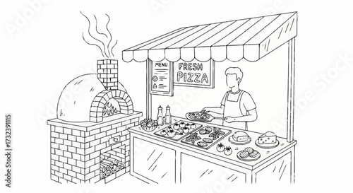 Passionate pizzaiolo crafts delicious fresh pizza at a bustling wood-fired oven stall, inviting customers with savory aromas and tempting toppings.