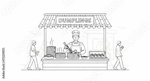 Chef prepares delicious steaming dumplings at a bustling street food stall, serving hungry customers in a vibrant Asian market scene.