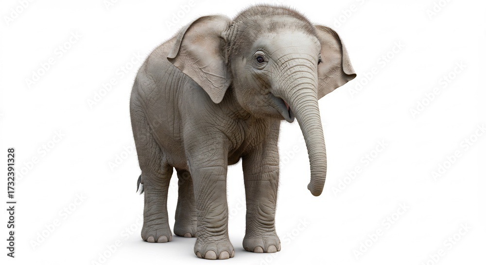 Obraz premium Joven elefante gris de pie en estudio con luz difusa resaltando su textura de piel suave y detalles del cuerpo