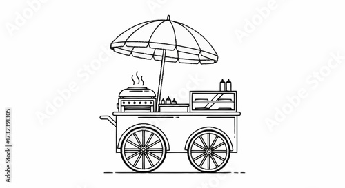 Vibrant street food cart steaming with hot dogs under a sunny umbrella, ready to serve delicious treats to hungry customers on a bright day.