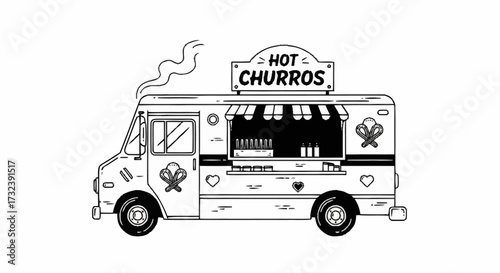 Whimsical hot churros food truck illustration, invitingly steaming with sweet treats, perfect for vibrant street food branding and culinary promotions