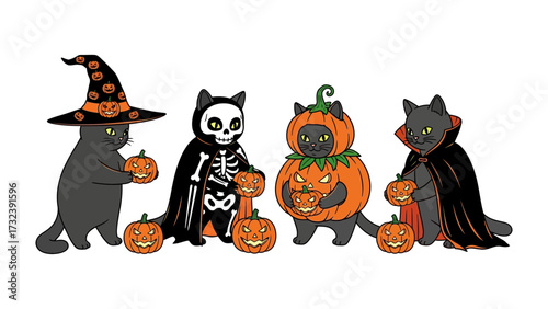 Halloween Feline: A whimsical illustration of four charming black cats, each adorned in a unique Halloween costume, carrying carved pumpkins, embodying the festive spirit and playful creativity.