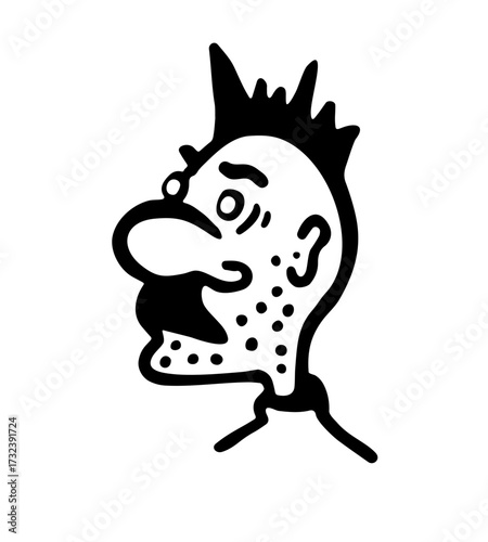Black and white vector illustration of the head of an old punk with mohawk and mustache on a white isolated background