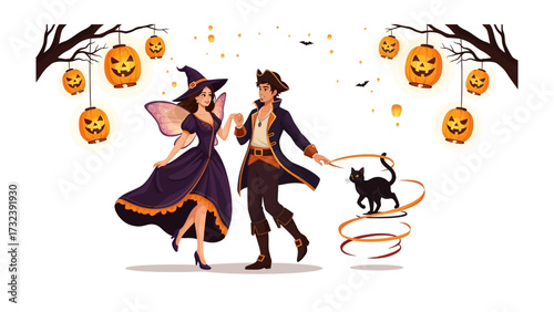Spirited Halloween Revelry: A whimsical illustration of a costumed couple dances merrily amidst a festive backdrop of lanterns and a playful black cat, embodying the spirit of Halloween celebration.