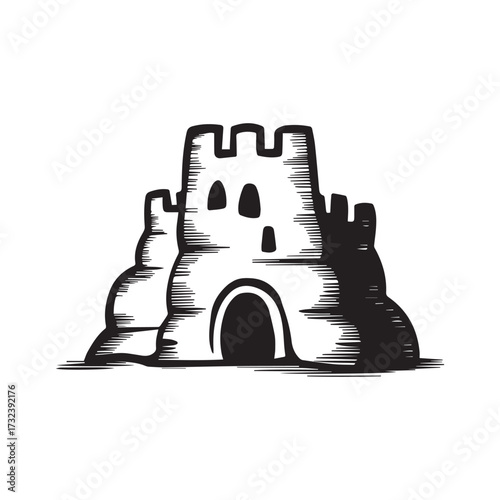 A black and white drawing of a very cute and simple sand castle with thick lines.