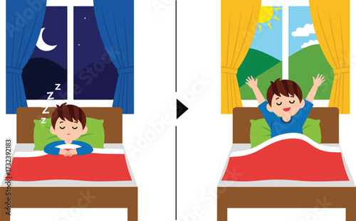Cute boy sleeping at night and waking up in the morning with happy face, cartoon bedtime and wake up concept illustration.