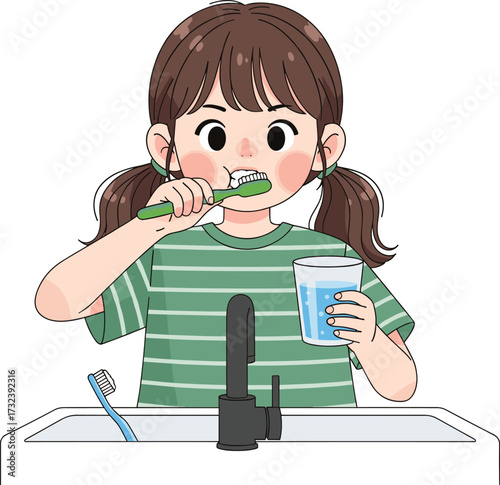 Cute little girl brushing teeth at bathroom sink with toothbrush and cup of water, dental hygiene health care vector illustration