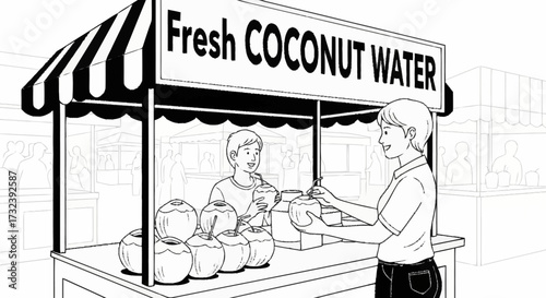 Smiling customer enjoys refreshing fresh coconut water purchased from a vibrant street vendor kiosk on a sunny day