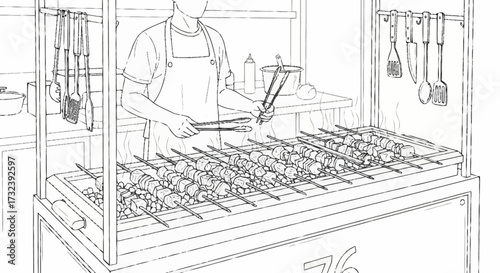 Skilled chef expertly grilling sizzling skewers of meat and vegetables at a busy street food stall, capturing the vibrant essence of outdoor dining.