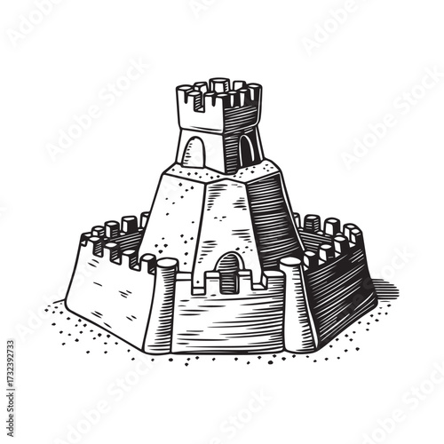 A black and white drawing of a very cute and simple sand castle with thick lines.