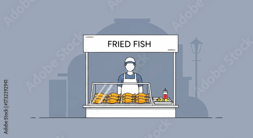 Crispy fried fish vendor serving delicious seafood from a bustling street stall, capturing everyday culinary delight and small business charm.