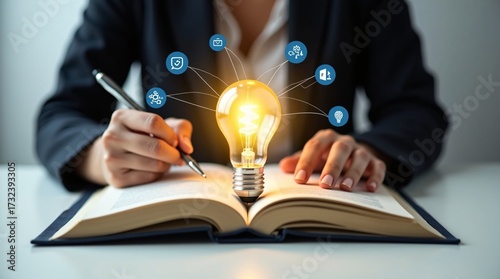 A person writes in a book with a glowing light bulb and connected icons above.