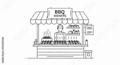 Skilled vendor prepares delicious BBQ skewers at a vibrant street food stall, capturing the essence of outdoor dining and culinary delight.