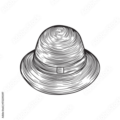  A black and white image of a very simple hat in a frontal view. 