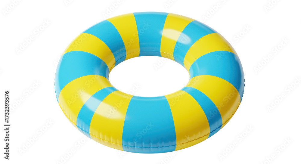 Obraz premium Blue and yellow striped inflatable swim ring isolated, summer vacation safety equipment for pool fun and water activities