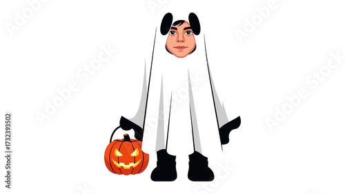 Halloween Panda Ghost: A unique fusion of Halloween and panda, this image depicts a person cleverly disguised as a panda ghost, carrying a jack-o'-lantern.