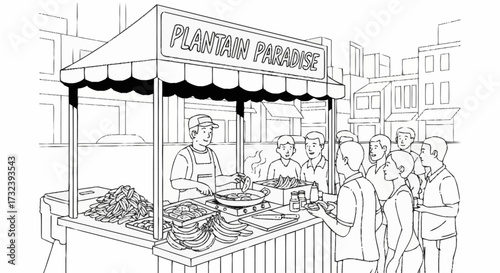 Vibrant street vendor serves delicious fried plantains to eager customers at bustling market stall, capturing authentic urban food culture