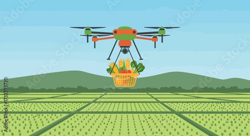 Drone delivering fresh produce from a farm field.