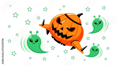 Halloween UFO: A spooky scene featuring a jack-o'-lantern-shaped UFO, surrounded by comical green aliens, flying against a backdrop of stars. The image is vibrant.