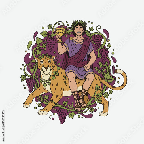 Dionysus Bacchus Greek God of Wine on Leopard with Grapes and Goblet