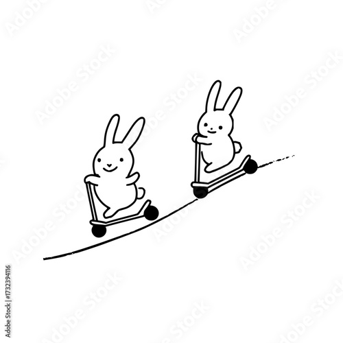 Two bunnies riding scooters uphill in a black and white illustration on a white background image