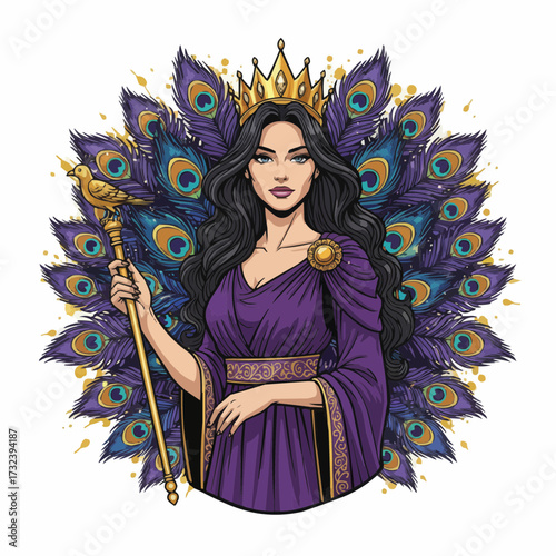 Greek goddess Hera illustration. Queen Olympian peacock graphic.